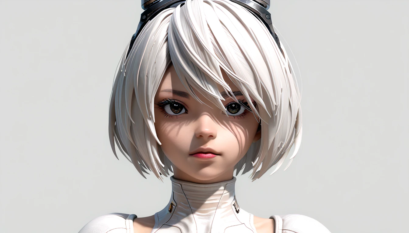 character sheet desing 2b from nier automata, only head. beauty face, perfect proportion, simetria, ((((3d model only head)))) ((((front view head and left view and back view and top view))))))