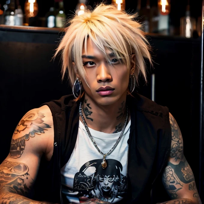 1 man, Japanese man, male, Asian eyes, muscular, broad shoulders, yakuza tattoos, hairstyle Visual Kei style, hair Visual Kei, black men's shirt and black pants, ultra detailed face, hyperrealistic, realistic representation, long hair, long hair, 30 years old, age 30 years, blond, blonde hair