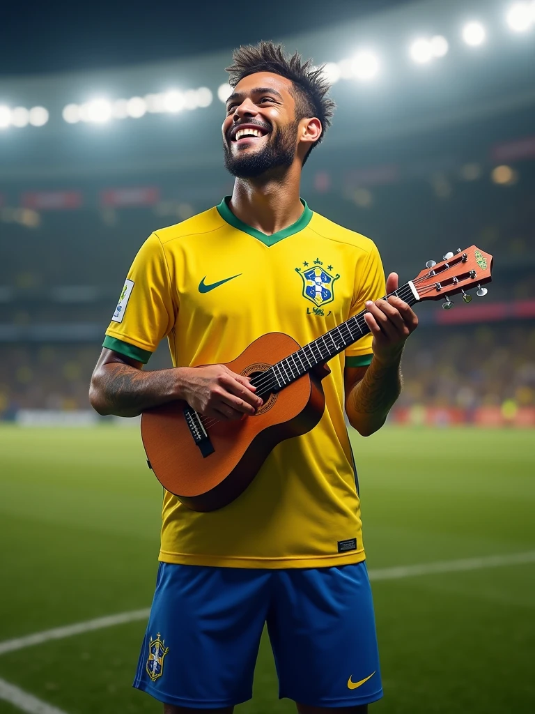 Create a highly realistic image of a well-known soccer player resembling Neymar, standing on a soccer field after a match. He is wearing the current official Brazilian national football team uniform, which includes a bright yellow jersey with green accents, blue shorts, and matching socks. Neymar is holding a small cavaquinho in his hands, strumming it with a joyful expression. His hair is styled in his usual look, slightly messy from the game, and his face is slightly flushed, reflecting the effort of the recent match. The background shows a grassy soccer field with faint markings, and in the distance, blurry stadium lights shine brightly under a darkening sky. Focus on capturing the close-up of Neymar's face, his confident and happy demeanor, and the intricate details of the cavaquinho and his uniform. The lighting should be natural, with warm tones highlighting the scene and creating a vivid, lively atmosphere.
