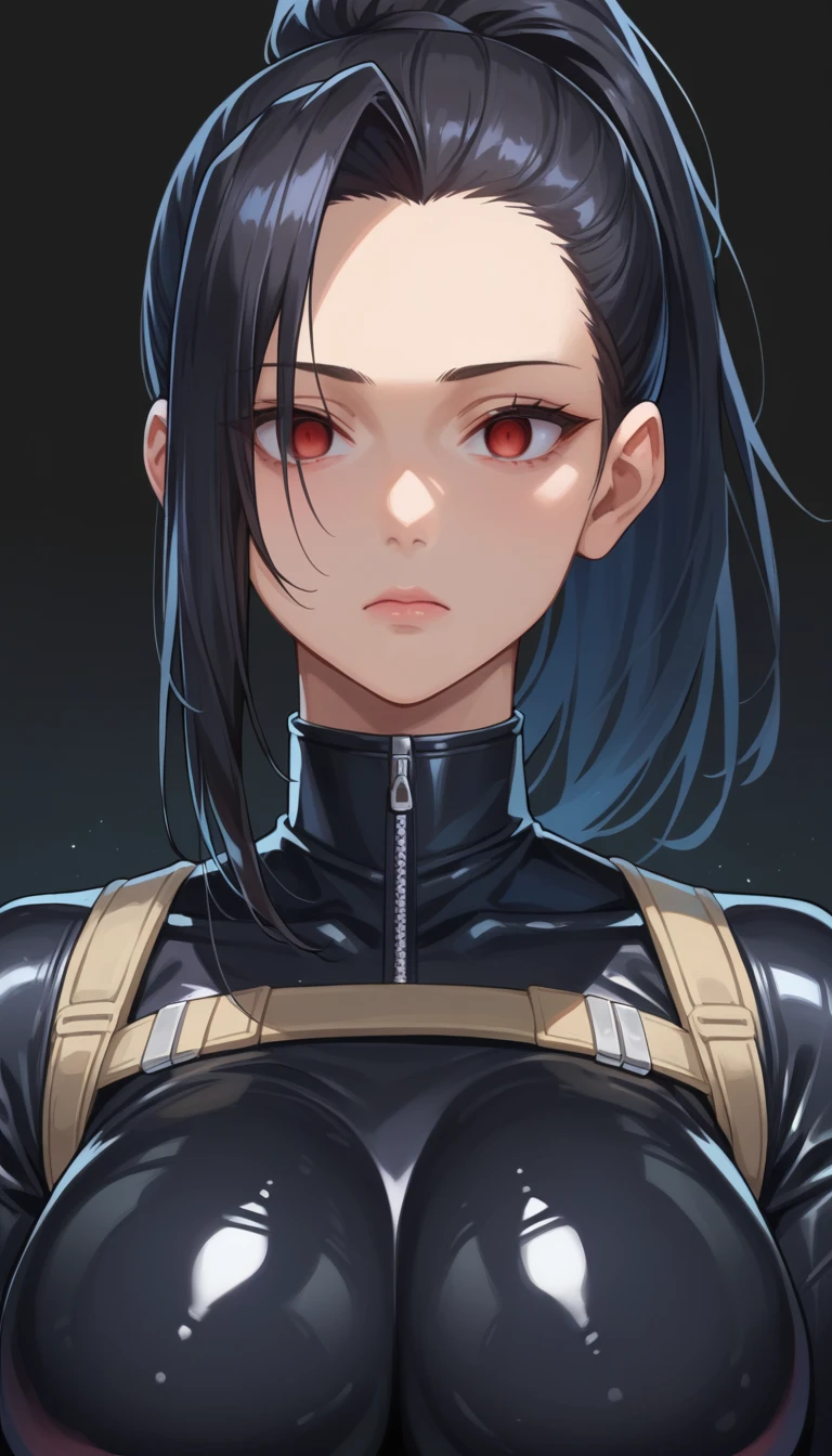  score_9,  score_8_up,  score_7_up,  score_6_up,  score_5_up,  score_4_up, BREAK Source_Anime, 1girl, yaoyorozumomo, black hair, ponytail, long hair, hair pulled back, (Red Eyes), Huge breasts,((empty eyes)),expressionless, (stand up), (((Black latex rubber suit))),  black background ,  simple background,