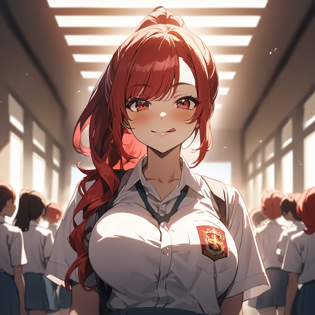  From front, anime girls, light skin, Mommy aura, red hair, long and wave hair, ponytail hair style, huge breas , big thigs, Indonesia highschool Uniform, On school, Warm lighting, Dramatic lighting, Cinematic, 4K quality, Beautiful scenery, smile expression, stick out her tongue