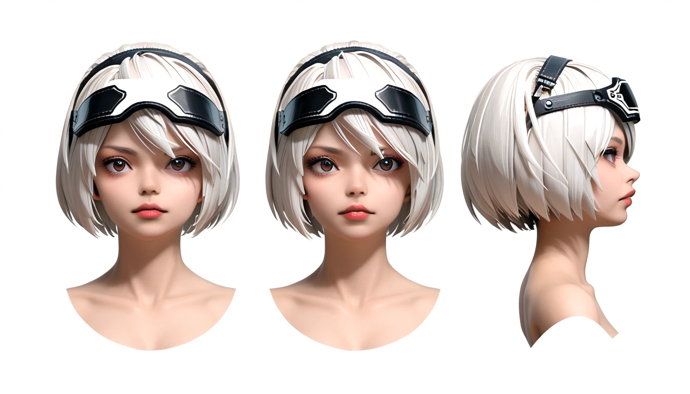 character sheet desing 2b from nier automata, only head. beauty face, perfect proportion, simetria, ((((3d model only head)))) ((((front view head and left view and back view and top view)))))) beauty face, front view side, left view side, back view side and top view side. ((only head, no body features)) sheet with front view, left side view (profile) back view and top view of her head. without visor on face, extremly beauty, lady 2b , left, back and top view