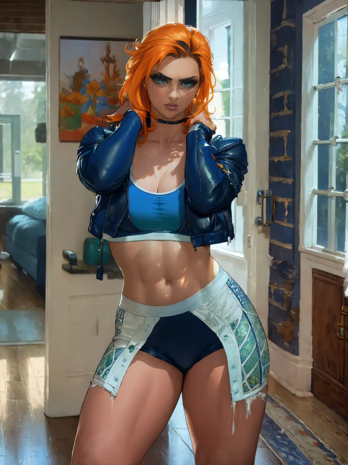 ""Cammy - Dark blue sports bra, black yoga shorts, adidas sneakers, light blue leather jacket, piercings posing for playboy magazine" by Steve McCurry, 35mm, F/2.8, insanely detailed and intricate, High quality, high coherence, deep focused image, realistic full-length photo, anatomically correct, ginger hair, bluish green eyes, perfect hands, in the city, hypermaximalist, sensual, provocative, beautiful, exotic, revealing, appealing, attractive, erotic, hyper-realistic, super detailed, popular on Flickr, published on March 19, 2018” , gigi dolin wwe, full body shot, 