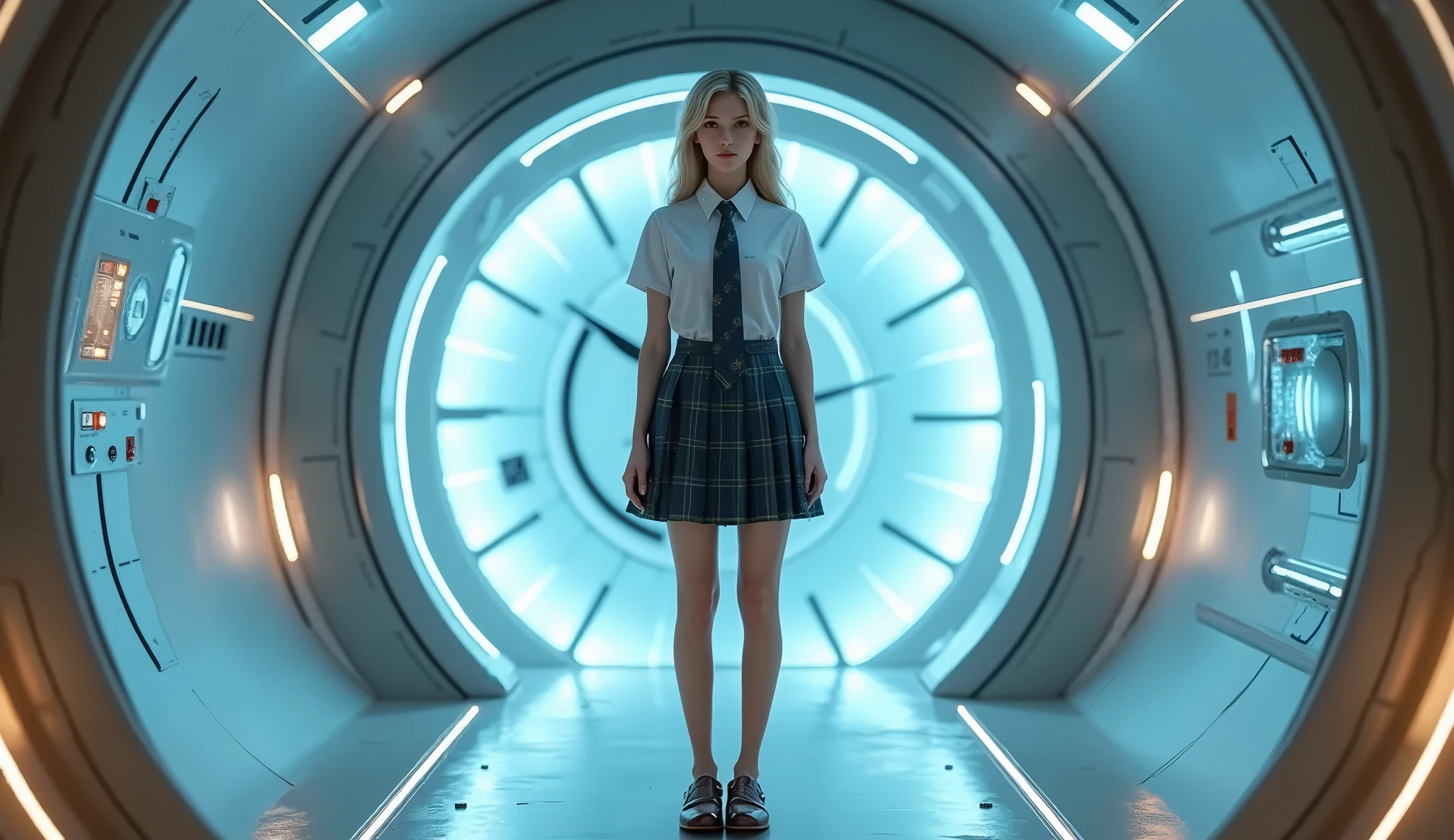 girl 10 year old child, blonde straight hair very long WITH BRAIDS, PORTRAIT STYLE, CLOSEUP , There is a dark room with many windows and a light, in a dark futuristic room, dramatic sci fi lighting, futuristic hall, spaceship corridor background, spaceship hangar, inside futuristic hangar, spaceship corridor, haunted spaceship corridor,  In a futuristic spaceship, futuristic dramatic lighting, futuristic laboratory, sci-fi interior, inside a futuristic army base, unreal engine. Retro movie still