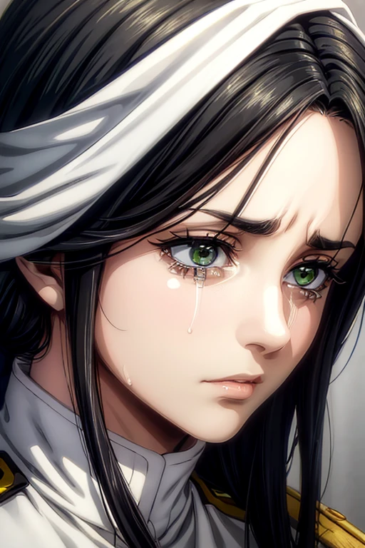  a 35-year-old woman ,  long black hair , green eyes, sad expression,  crying, tears on the face,  white military uniform, , Liberia ,  masterpiece ,  best quality, retina,  super detailed.