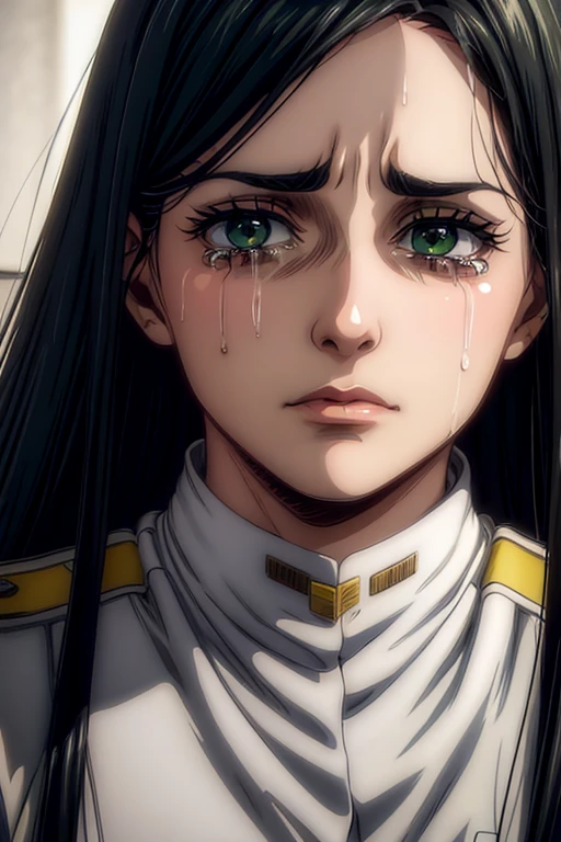  a 35-year-old woman ,  long black hair , green eyes, sad expression,  crying, tears on the face,  white military uniform, , Liberia ,  masterpiece ,  best quality, retina,  super detailed.