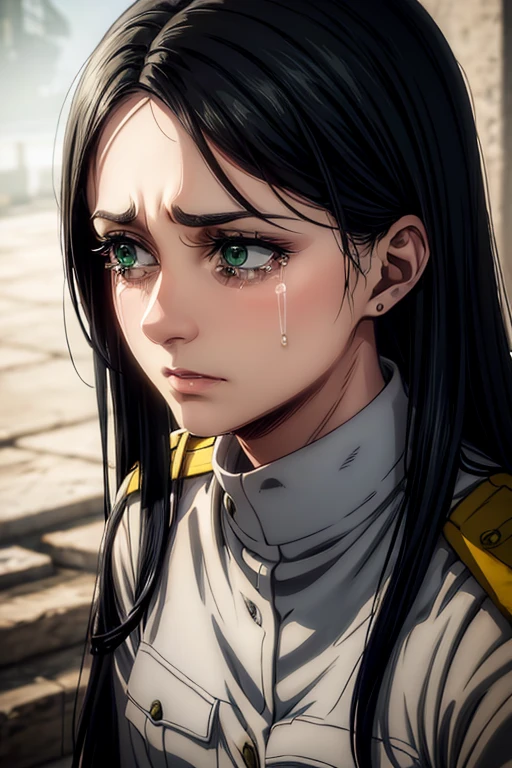  a 35-year-old woman ,  long black hair , green eyes, sad expression,  crying, tears on the face,  white military uniform, , Liberia ,  masterpiece ,  best quality, retina,  super detailed.