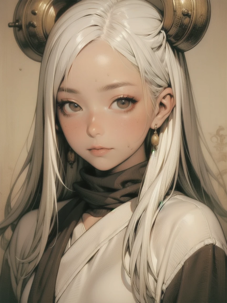 A white-haired woman wearing a black scarf, Portraits by Jan J,  pixiv Contest Winner ,  Fantasy Art , White-haired God, Beautiful character paintings, artwork in the style of Gwaiz, The sharp gaze of the Yuki-onna, Gwaiz, Long white hair, 長い白髪の,  with fluttering hair and long robe 