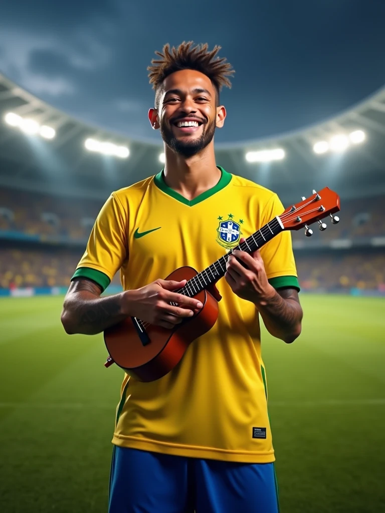 Create a highly realistic image of a well-known soccer player resembling Neymar, standing on a soccer field after a match. He is wearing the current official Brazilian national football team uniform, which includes a bright yellow jersey with green accents, blue shorts, and matching socks. Neymar is holding a small cavaquinho in his hands, strumming it with a joyful expression. His hair is styled in his usual look, slightly messy from the game, and his face is slightly flushed, reflecting the effort of the recent match. The background shows a grassy soccer field with faint markings, and in the distance, blurry stadium lights shine brightly under a darkening sky. Focus on capturing the close-up of Neymar's face, his confident and happy demeanor, and the intricate details of the cavaquinho and his uniform. The lighting should be natural, with warm tones highlighting the scene and creating a vivid, lively atmosphere.
