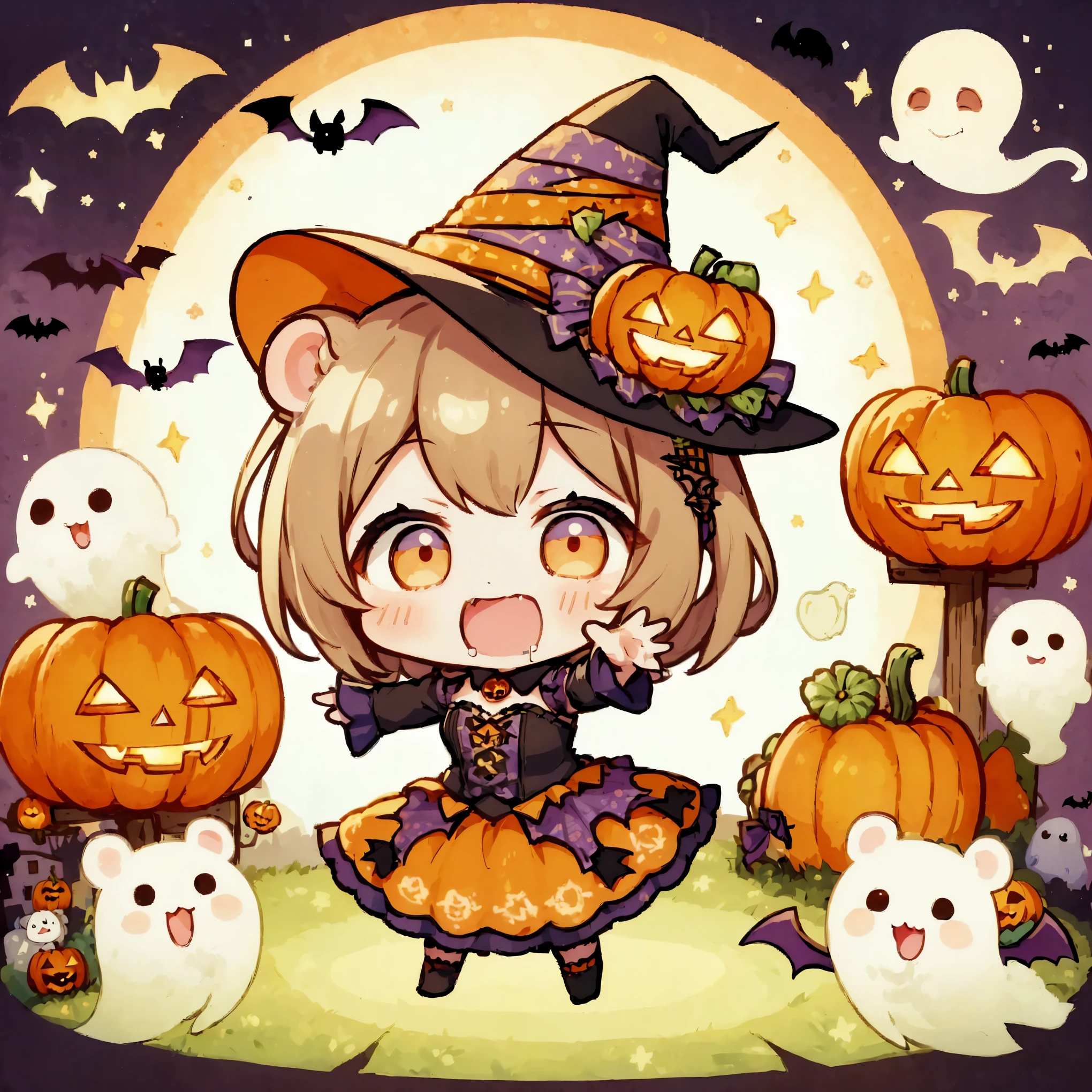 handicraft artwork,patchwork,cloth,button,Felt fabric,Embroidery thread,Handicrafts with a warm and gentle atmosphere,(Halloween,A girl dressed up as a hamster laughs, drool ,Chibi, full body, pumpkin,ghost silhouette,Bats),A dream-like sight,rustic colors,intricate details,artwork,Three-dimensiona