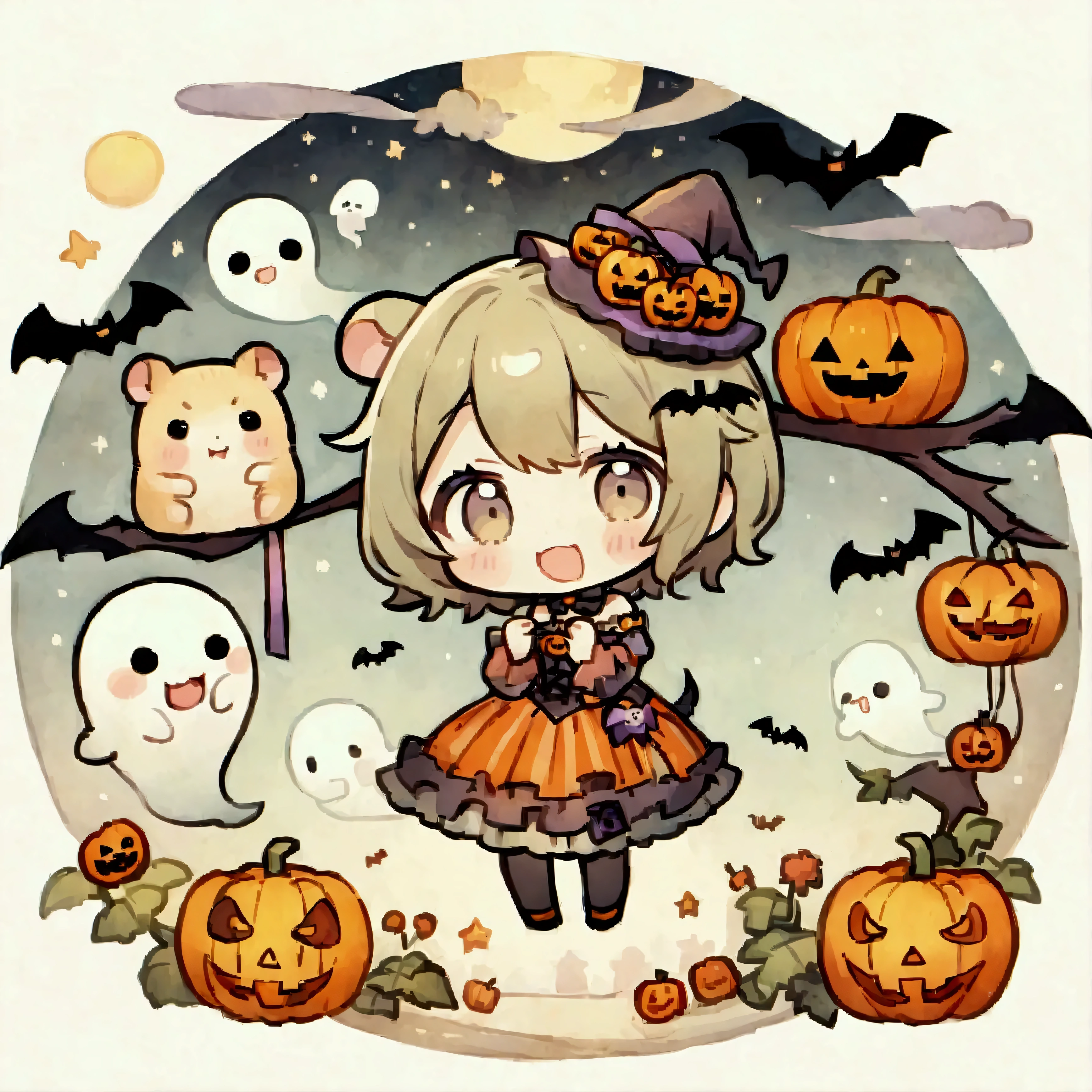 handicraft artwork,patchwork,cloth,button,Felt fabric,Embroidery thread,Handicrafts with a warm and gentle atmosphere,(Halloween,A girl dressed up as a hamster laughs, drool ,Chibi, full body,Dynamic Pose, pumpkin,ghost silhouette,Bats),A dream-like sight,rustic colors,intricate details,artwork,Three-dimensional