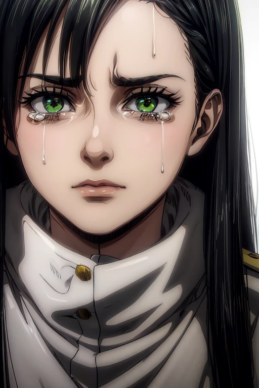  a 35-year-old woman ,  long black hair , green eyes, sad expression,  crying, tears on the face,  white military uniform, , Liberia ,  masterpiece ,  best quality, retina,  super detailed.