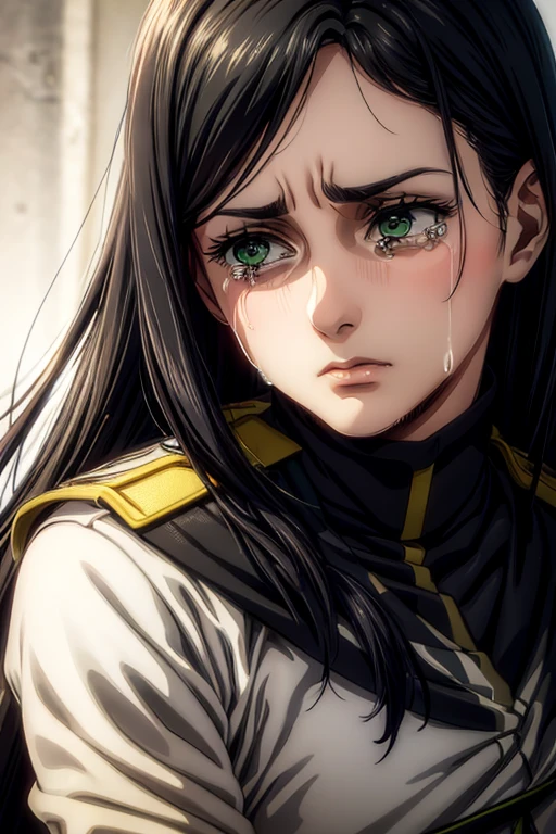  a 35-year-old woman ,  long black hair , green eyes, sad expression,  crying, tears on the face,  white military uniform, , Liberia ,  masterpiece ,  best quality, retina,  super detailed.