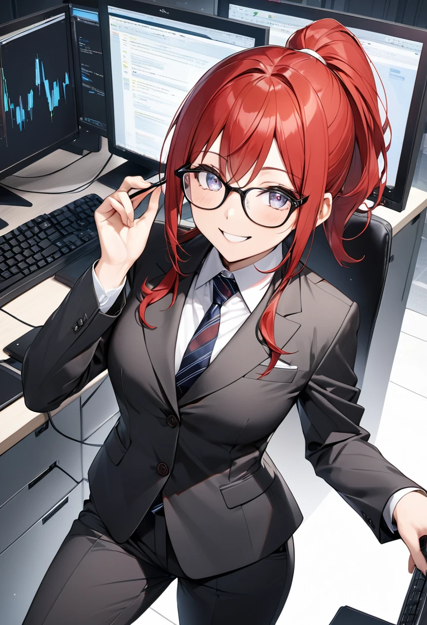 High image quality、Red hair in a ponytail、Wear glasses、Three white eyes、suit、tie、pants、I&#39;m using a computer、Smiling