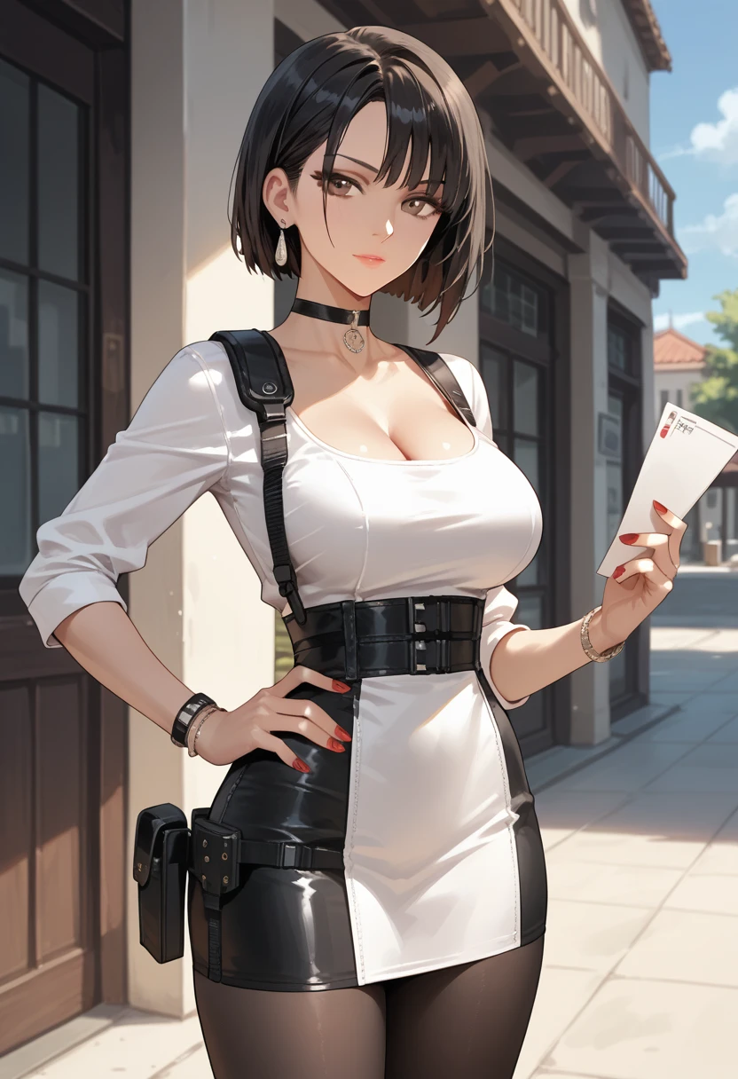 adawong2, 1girl, solo, breasts, looking at viewer, short hair, large breasts, black hair, dress, holding, brown eyes, jewelry, pantyhose, choker, nail polish, bracelet, hand on hip, black pantyhose, red dress, red nails, holster, shoulder holster