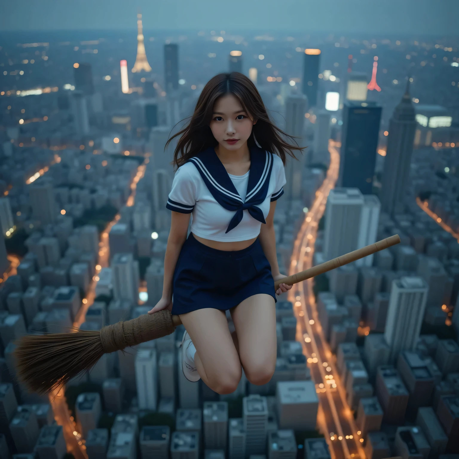  Japanese woman floating over Tokyo :1.331,  Skyscrapers, Skytree, Expressway, Railway , from side:1.8, (Best Quality:1.4),  32k high resolution UHD , (masterpiece:1.2),  Extremely Detailed Real Photo, (Realistic, 超Realistic:1.4),  uniform on a downtown street in the evening, Lovely Japanese Woman ,  famous beautiful Japanese idol , Fly through the air while straddling a broom:1.331,  woman who feels like a wizard ,  she enjoys free flight , Perfect composition, Proper placement, Golden Ratio, Rainy dusk ,  faint light through gaps in the clouds,  anatomically correct proportions:1.331,  has a small head:1.331,  Slender body:1.331,  thin waist:1.331, Thin limbs:1.331,  flat chest:1.331, Cover your chest with your hands:1.21,  Japanese high school sailor suit  :1.21, Short sleeve clothing, White short-sleeved sailor uniform :1.21, sera fuku:1.21, navy mini skirt, I can see her belly button , Brown Hair,  BOB CUT HAIR :1.21, Symmetrical eyes,  very beautiful clear eyes ,  Beautiful Hair Fluttering in the Wind , 