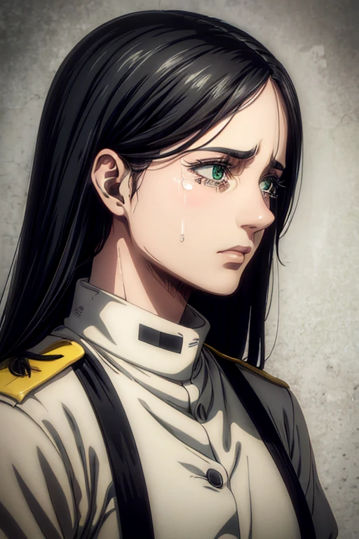  a 35-year-old woman ,  long black hair , green eyes, sad expression,  crying, tears on the face,  white military uniform, , Liberia ,  masterpiece ,  best quality, retina,  super detailed.