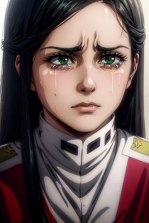  a 35-year-old woman ,  long black hair , green eyes, sad expression,  crying, tears on the face,  white military uniform, , Liberia ,  masterpiece ,  best quality, retina,  super detailed.