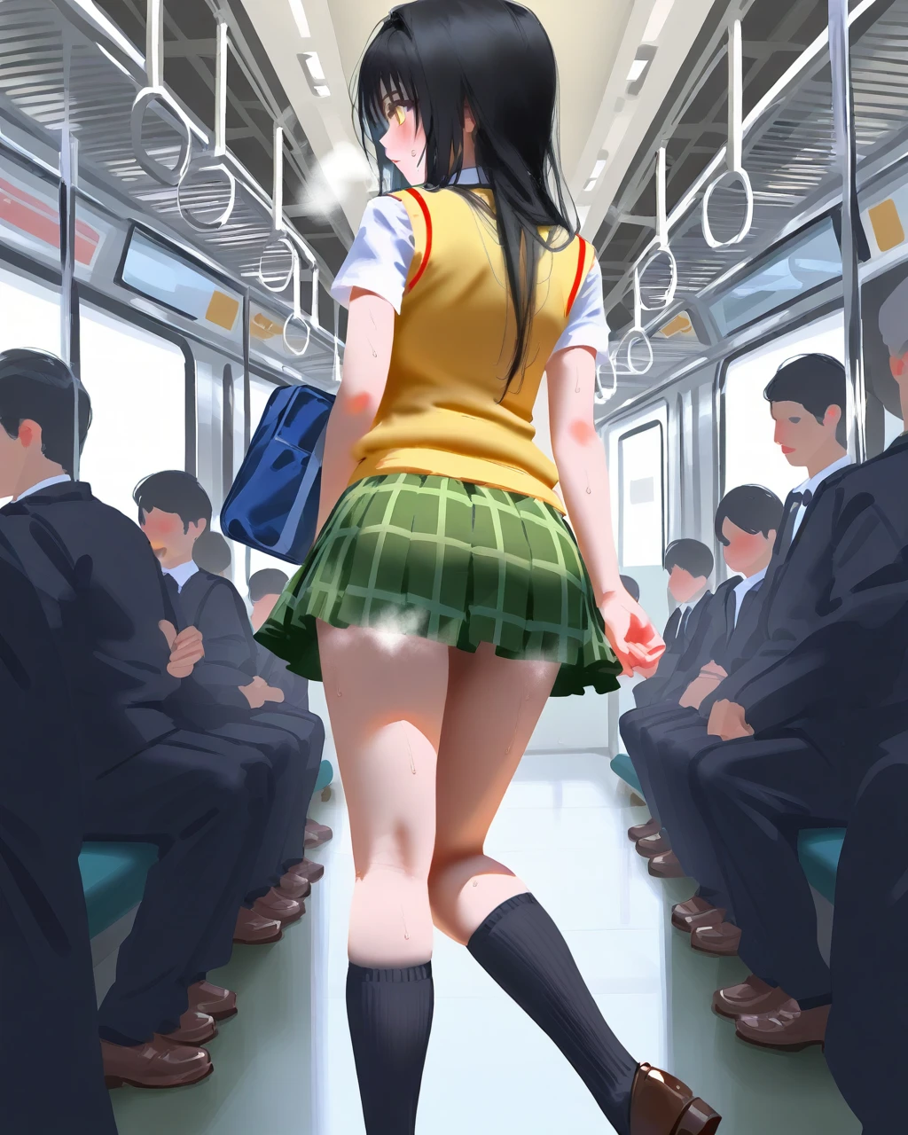 to_love-ru,kotegawa_yui ,1girl,long hair, black hair, gradient eyes,yellow eyes,closed mouth,breasts,sweater vest, yellow sweater, short sleeves, plaid skirt, green skirt,black socks,loafers,arms behind back,school bag,holding a school bag, looking away,blush,sweat,steam,photography,boke,train interior, lower body,from behind,((wlop)), ningen_mame ,nsfw, masterpiece, 8k,perfect face,absurdres,realistic, god light,