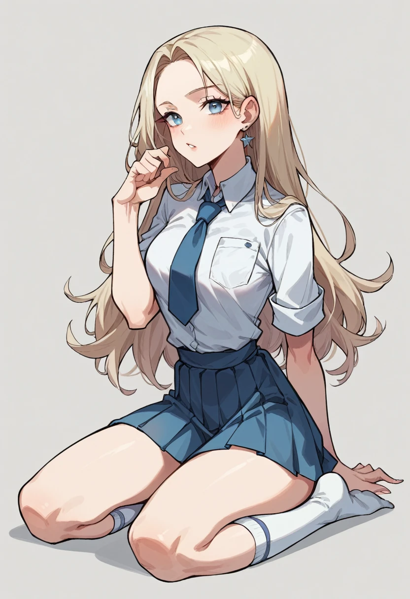  15-year-old teenager with smooth platinum blonde hair up to the waist ,  light blue eyes and flawless pale skin is kneeling on a white background.  She has a delicate and aristocratic appearance , with a slim build.  She wears an impeccable school uniform , composed of a white blouse ,  a navy blue pleated skirt and knee-length socks .  Her posture is elegant and confident ,  reflecting her wealthy background and her sense of superiority .