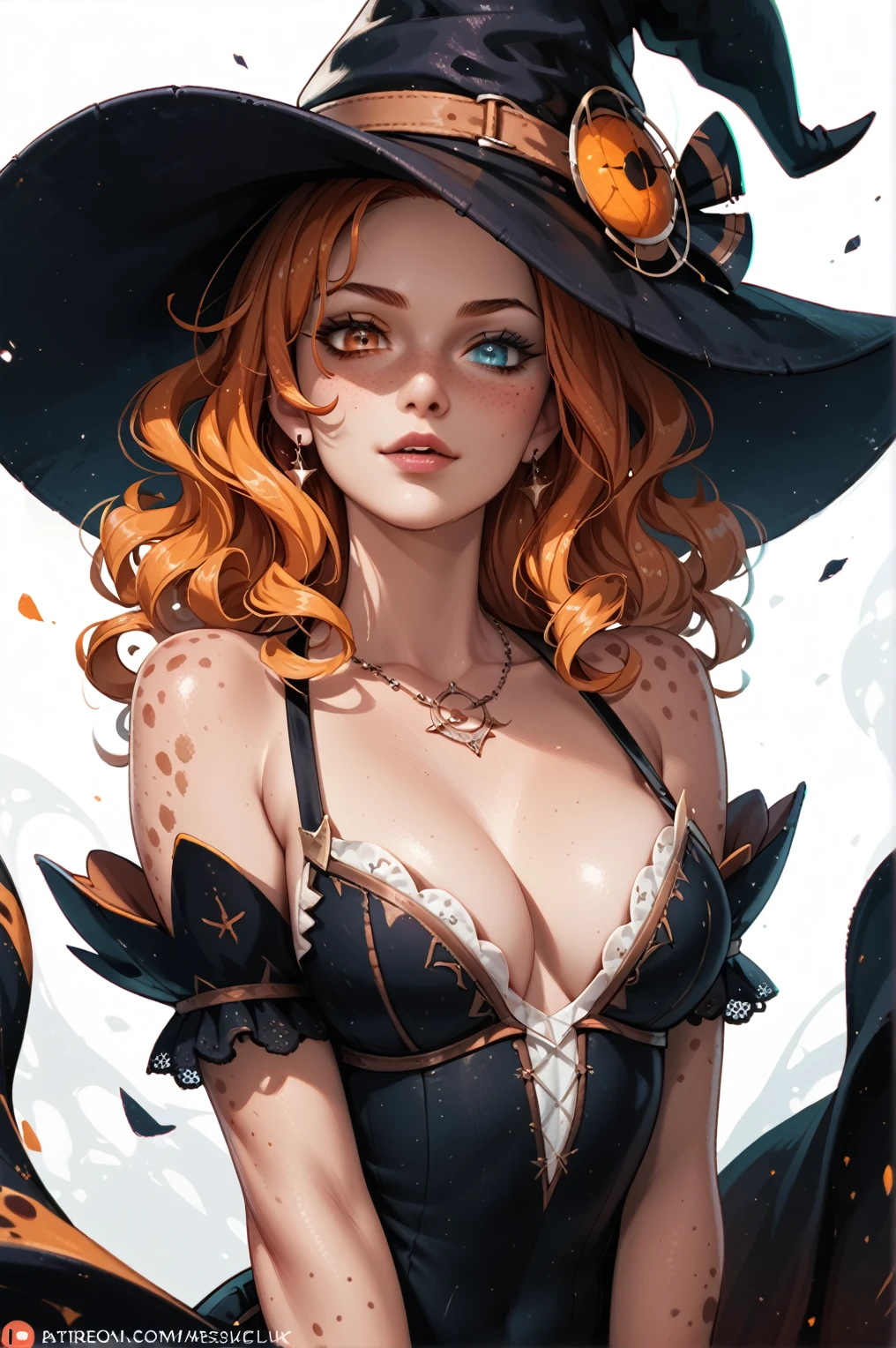 Cartoon of a girl, witch, orange hair, heterochromia in the eyes, curly hair, spots on her delicate face