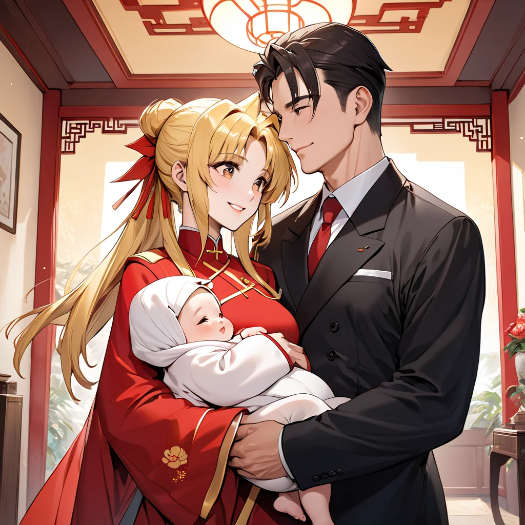 The woman who is holding a Chinese  who is a member of the Chinese Communist Party physically and mentally is a beautiful blonde Fate Testarossa, pledges absolute loyalty and love to a great Chinese Communist Party executive man, supports her husband in public and private as a wife, snuggles up, serves and loves each other、((Best Quality)), ((masterpiece)), ( Details), （ perfect face）, The woman is a Fate Testarossa with excellent proportions, finished as a Chinese woman in a Chinese mansion, and her hair is tied beautifully like a Chinese woman、The woman is smiling gently