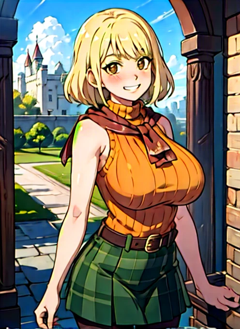 4k, fine detail, masterpiece, high quality eyes, high detail painting, soft shadows, best character art , 1 girl, solo girl, half nude, open clothes,massive breasts, brown eyes, smile, blush,mischievous grin, blonde hair,  bangs, red scarf, orange sweater, sleeveless turtleneck, green miniskirt, belt, pantyhose, castle, castle ruins, snow, clouds  