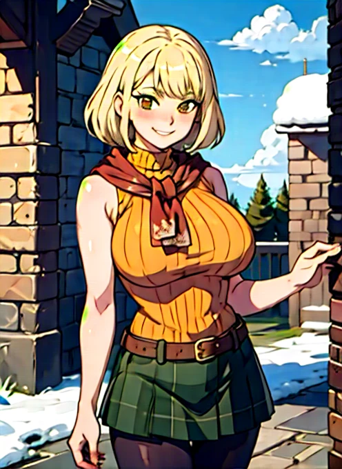 4k, fine detail, masterpiece, high quality eyes, high detail painting, soft shadows, best character art , 1 girl, solo girl, half nude, open clothes,massive breasts, brown eyes, smile, blush,mischievous grin, blonde hair,  bangs, red scarf, orange sweater, sleeveless turtleneck, green miniskirt, belt, pantyhose, castle, castle ruins, snow, clouds  