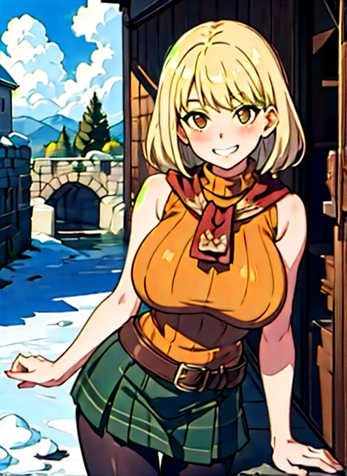 4k, fine detail, masterpiece, high quality eyes, high detail painting, soft shadows, best character art , 1 girl, solo girl, half nude, open clothes,massive breasts, brown eyes, smile, blush,mischievous grin, blonde hair,  bangs, red scarf, orange sweater, sleeveless turtleneck, green miniskirt, belt, pantyhose, castle, castle ruins, snow, clouds  