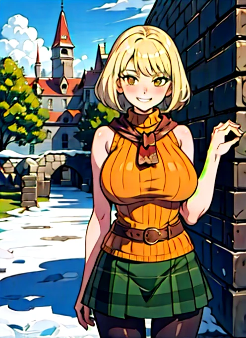 4k, fine detail, masterpiece, high quality eyes, high detail painting, soft shadows, best character art , 1 girl, solo girl, half nude, open clothes,massive breasts, brown eyes, smile, blush,mischievous grin, blonde hair,  bangs, red scarf, orange sweater, sleeveless turtleneck, green miniskirt, belt, pantyhose, castle, castle ruins, snow, clouds  