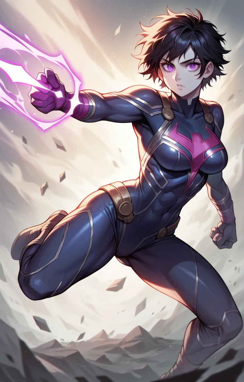 a girl , short hair, ((pale skin)), messy hair, detailed (black hair), detailed eyes, (violet eyes), hourglass physique, bodysuit, thick thighs, toned, emblem, superhero, dynamic lighting, 4k resolution, dynamic pose, weapon, energy weapon portrait, Jeff Bridges, ((cartoon style)), Marvel Cinematic Universe style, (