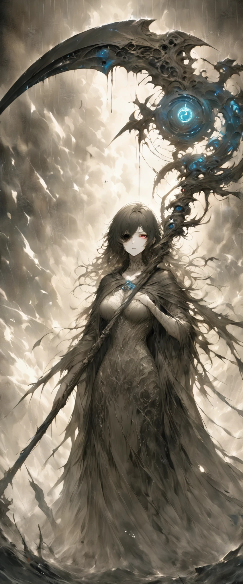 masterpiece， ultra high resolution，Super fine，16k， Insanely Delicate ， Amazingly Detailed Art ，Advanced Stylish Art ， oil painting and watercolor hybrid ，disaster々 A woman with a scythe is standing，Monochrome，rain，spirit of the wind，豪rain， Fierce Black Wind Surrounding Surrounding the Surrounding Area ， Black Aura Surrounding the Surrounding Area， A Tattered Black Cape ，Modern Shinigami ， A Work That Takes the Life of Those Who See It ， Embodied Fear ， Death comes head-on ， Only One Eye Glows Red ， A destiny you can never escape，The moment you decide to prepare 
