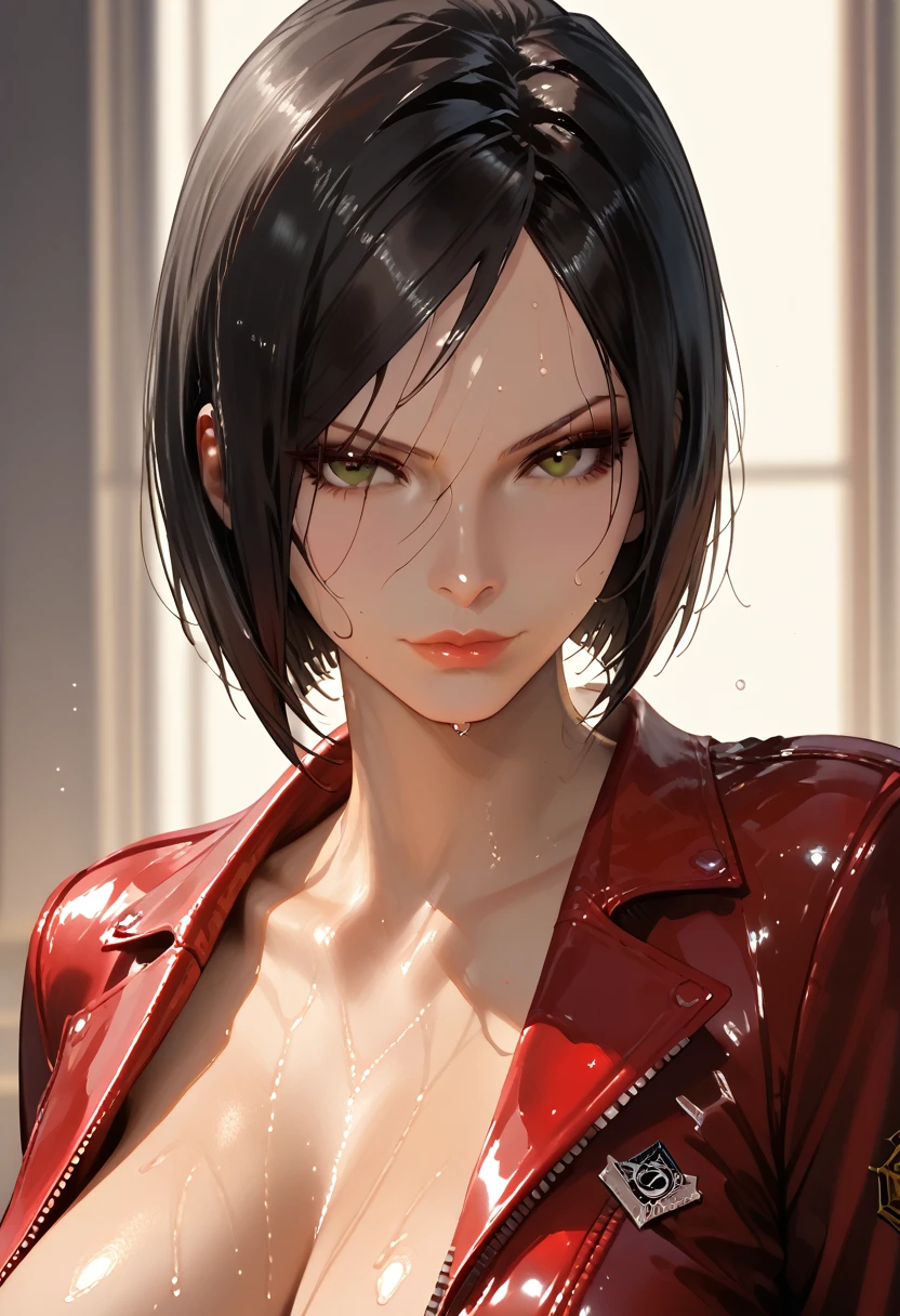 score_9, score_8_up, score_8_up, 
detailed, volumetric lighting, 
1woman, Ada Wong, black hair, short hair, brown eyes, beautiful face, unzipped tight red leather suit, sexy pose, breast, side breast, topless, sweaty body, wet hair