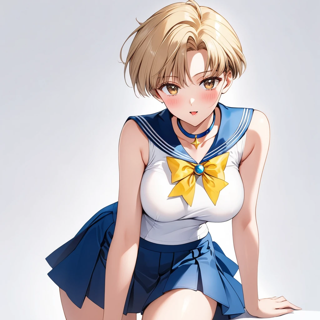 Best Quality, High resolution,16k,(Sailor uranus:1.5),(E-cup beautiful breasts)、 (tall:1.2),height: 175cm,Fashion model body type、clevage,Sexy long legs, pale blondy hair,very shortcut hair、boyish,brown eyes,  (sailor uranus costume,sleaveless white shirt,blue collar,yellow ribon on chest,blue skirt:1.5),Sweating all over the body、Muscular、1girl,solo,shy,blush,(vulgarity:1.2)、(Ahegao:1.3),Anime-style painting style,Close up on upper body,Cinematic lighting,Superfine,Seductively Posing,dynamic angle,extreme closeup shot,simple white background