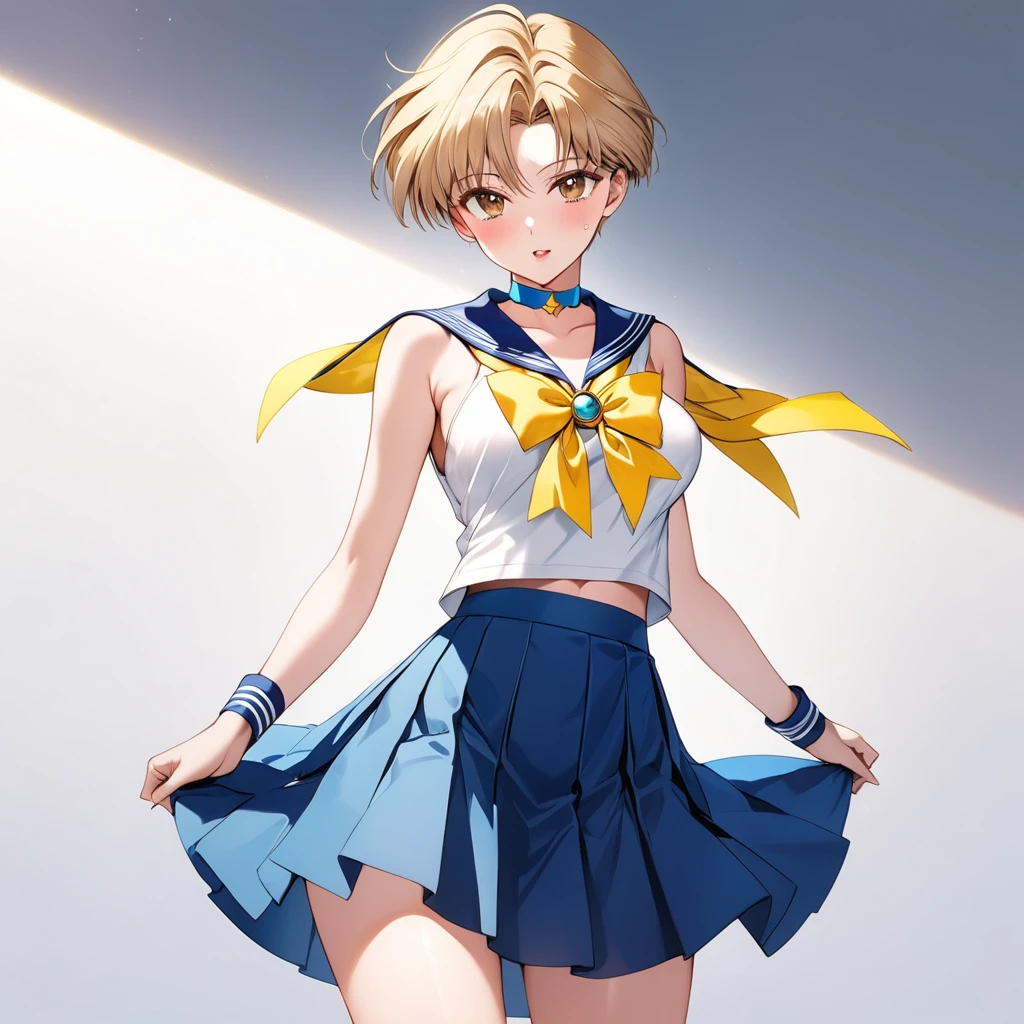 Best Quality, High resolution,16k,(Sailor uranus:1.5),(E-cup beautiful breasts)、 (tall:1.2),height: 175cm,Fashion model body type、clevage,Sexy long legs, pale blondy hair,very shortcut hair、boyish,brown eyes,  (sailor uranus costume,sleaveless white shirt,blue collar,yellow ribon on chest,blue skirt:1.5),Sweating all over the body、Muscular、1girl,solo,shy,blush,(vulgarity:1.2)、(Ahegao:1.3),Anime-style painting style,Close up on upper body,Cinematic lighting,Superfine,Seductively Posing,dynamic angle,extreme closeup shot,simple white background