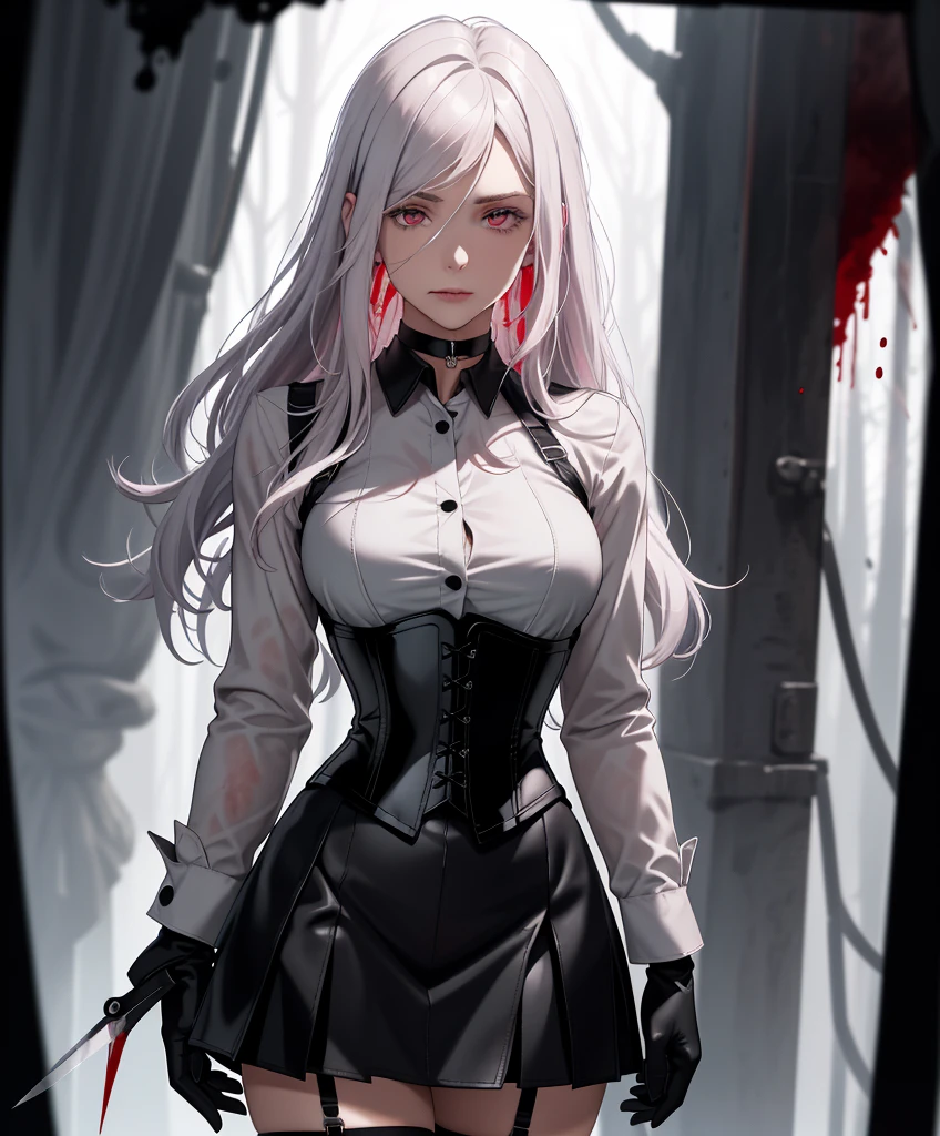 (blood droplets)), ((blood)), ((blood splatter)), ((blood on clothes)) ((blood stain)), Masterpiece, Superior image quality, high resolution, 4k image,photo and gross, photorealistic, whole body, distant view, ****ung man of s, big breasts, beautiful face, broad shoulders, long hair, white hair, red eyes, very detailed eyes, pink cheeks, shy expression, choker:1.6, (white collar button down long sleeve shirt), black gloves, gloves that cover hands, (holding surgical scissors in the right hand), (black leather corset), (shiny black miniskirt), Sensual Lips, show details in the eyes, View from the front, looking at the viewer, dark forest path, evening, Atmosphere, fog