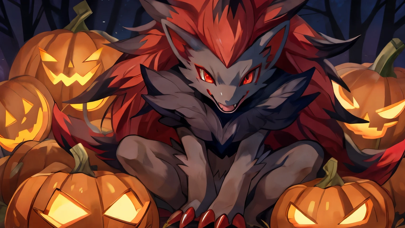 by:windwttom ,cute，，small body，zoroark,(red eyes , front: 1.5)，Sitting on a pumpkin，Halloween，Alone,smile,Candle,Open mouth,