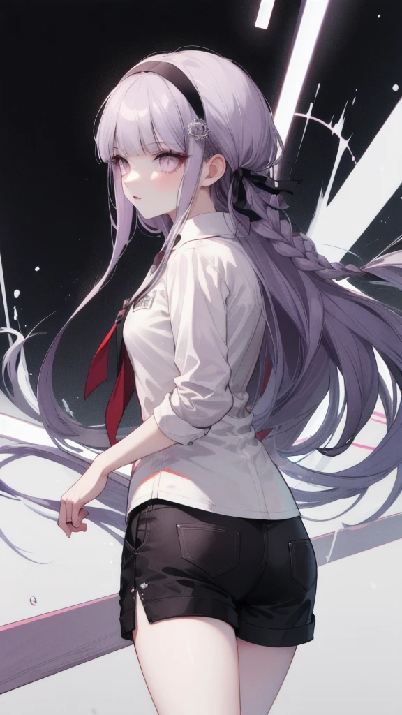  masterpiece ,  best quality,  high resolution , Akyoko , Long hair,  purple hair, Side Braid, Short bangs, Hairband,  white shirt， black shorts，Danganronpa \(series\),