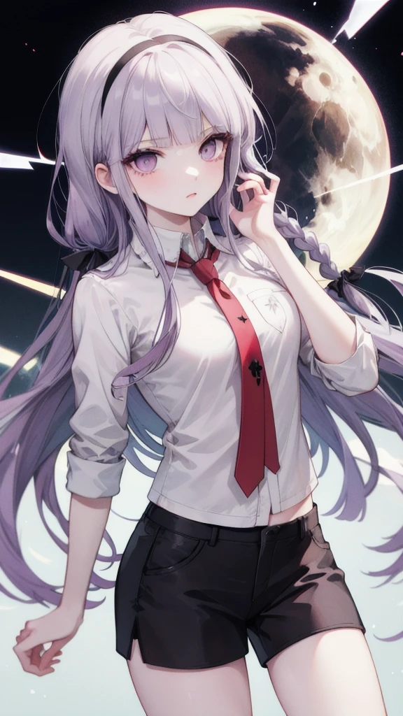  masterpiece ,  best quality,  high resolution , Akyoko , Long hair,  purple hair, Side Braid, Short bangs, Hairband,  white shirt， black shorts，Danganronpa \(series\),