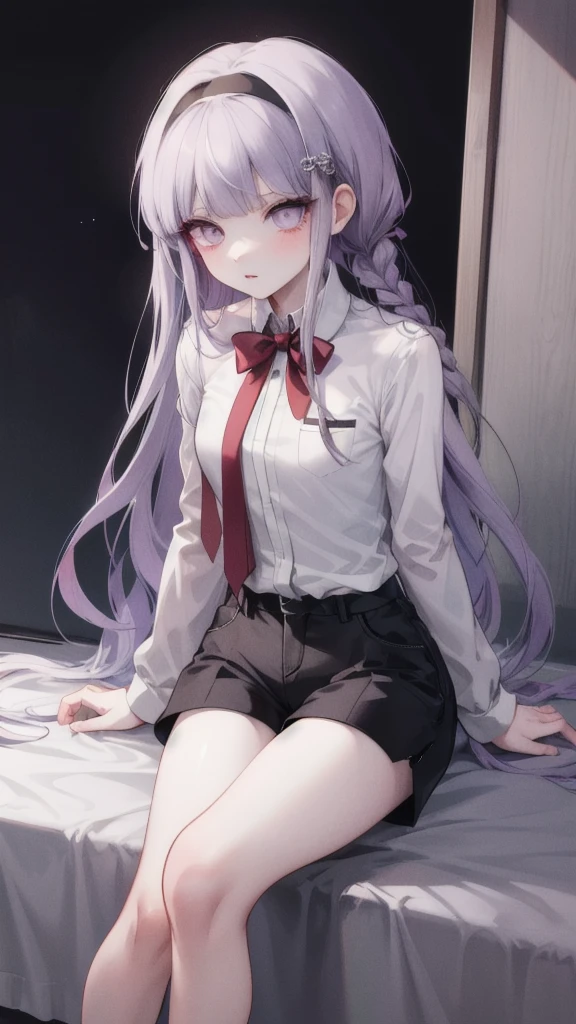  masterpiece ,  best quality,  high resolution , Akyoko , Long hair,  purple hair, Side Braid, Short bangs, Hairband,  white shirt， black shorts，Danganronpa \(series\),