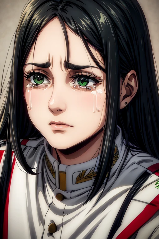  a 35-year-old woman ,  long black hair , green eyes, sad expression,  crying, tears on the face,  white military uniform, , Liberia ,  masterpiece ,  best quality, retina,  super detailed.