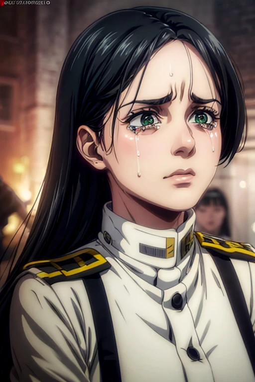  a 35-year-old woman ,  long black hair , green eyes, sad expression,  crying, tears on the face,  white military uniform, , Liberia ,  masterpiece ,  best quality, retina,  super detailed.