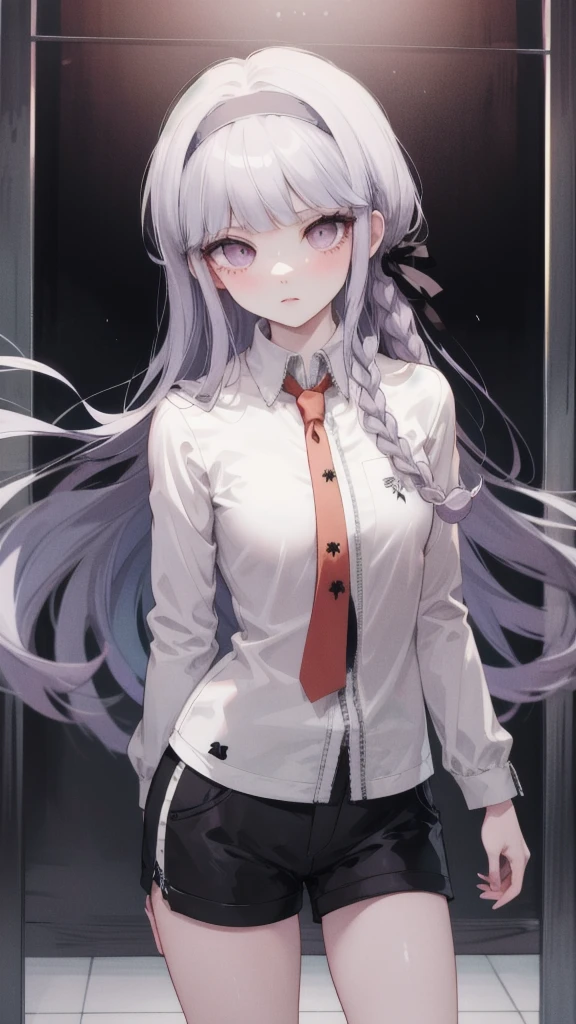  masterpiece ,  best quality,  high resolution , Akyoko , Long hair,  Lavender Hair , Side Braid, Short bangs, Hairband,  white shirt， black shorts，Standing，Danganronpa \(series\),