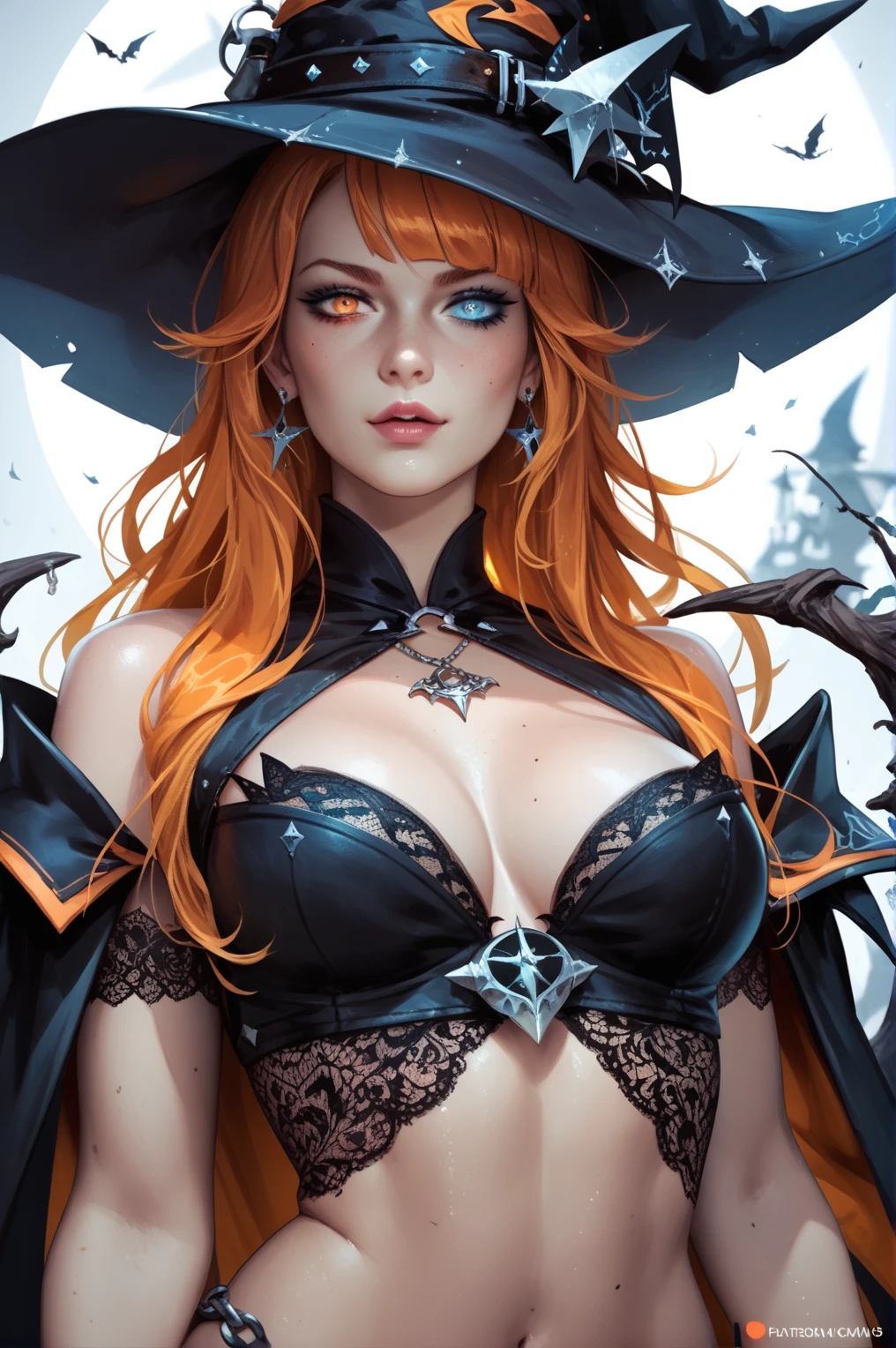 Cartoon of a girl, witch, orange hair, heterochromia in the eyes