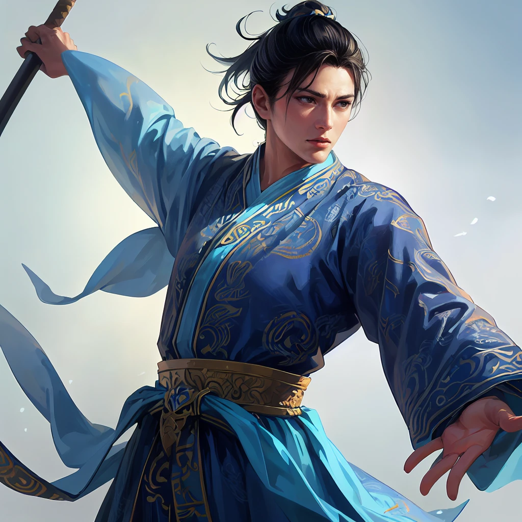 (Best Quality,4K,8k, high definition,masterpiece:1.2),super detailed,(Realistic,photoRealistic,photo-Realistic:1.3),(((1 person))),20-year-old male,Black Hair, ancient Chinese wise general ,A soldier in Cao Cao's army :1.2,kind gaze , DYNAMIC LIGHTING ,( blue ancient Chinese Hanfu ,Lightly Armed,dynamic pause, I'm hanging my blue sword around my waist:1.3),(( cowboy shot:1.2)),(( white background:1.3,simple background))