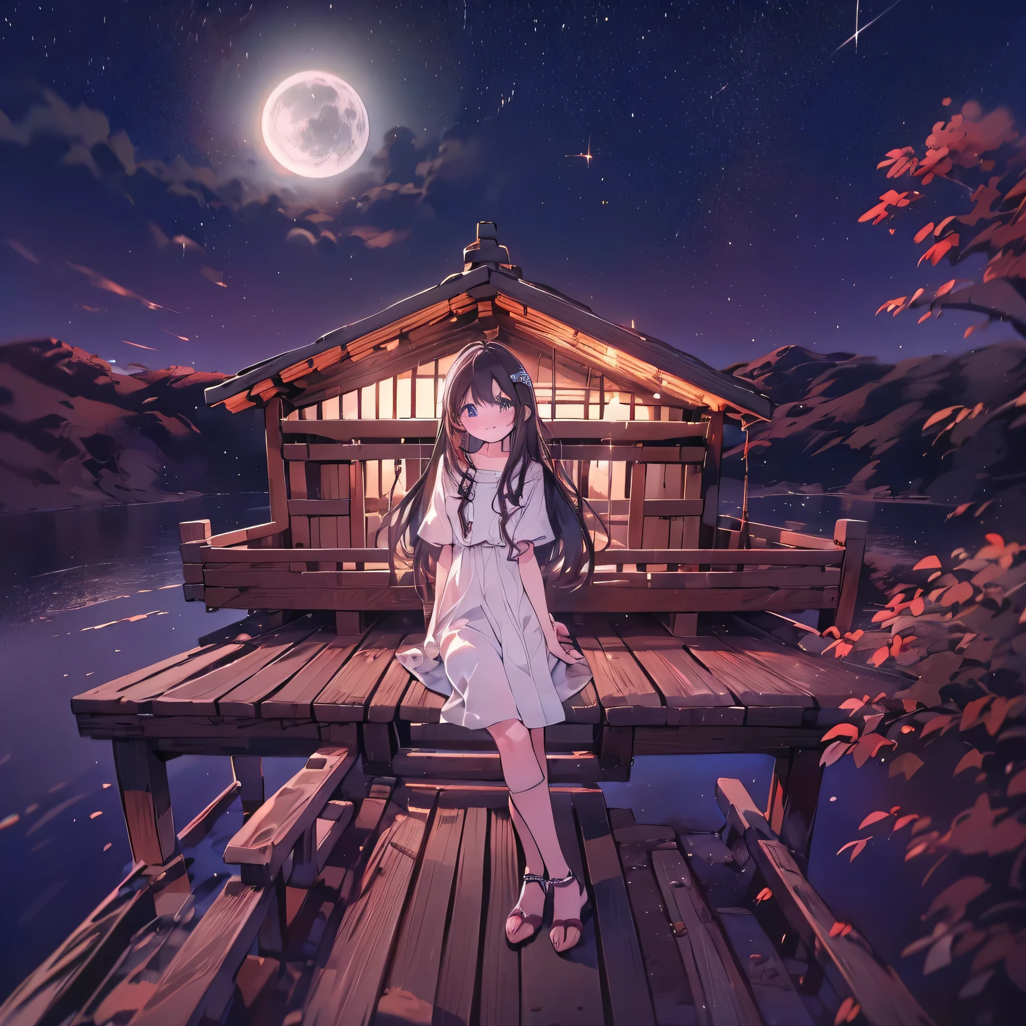 (masterpiece:1.3),(best quality:1.3),(high resolution:1.2),8k,Full moon night。 Lake hut wooden deck 。Panoramic view of the hut 。 Beautiful girl with dark hair and brown eyes staring at the lake。Beautiful eyes、Delicate eyes