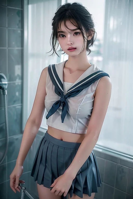 (( jets water while holding a shower head))、(((HD Photos))),  ultra high resolution.Realistic: 1.4, masterpiece,Best Quality, Realistic, photoRealistic, (Subtle details), (Cinematic Light,  super sexy short hair ,Small breasts、Young Face)、(( sailor suit、 mini pleated skirt 、Super beautiful girl))、Wet clothes in the shower、 wet hair 