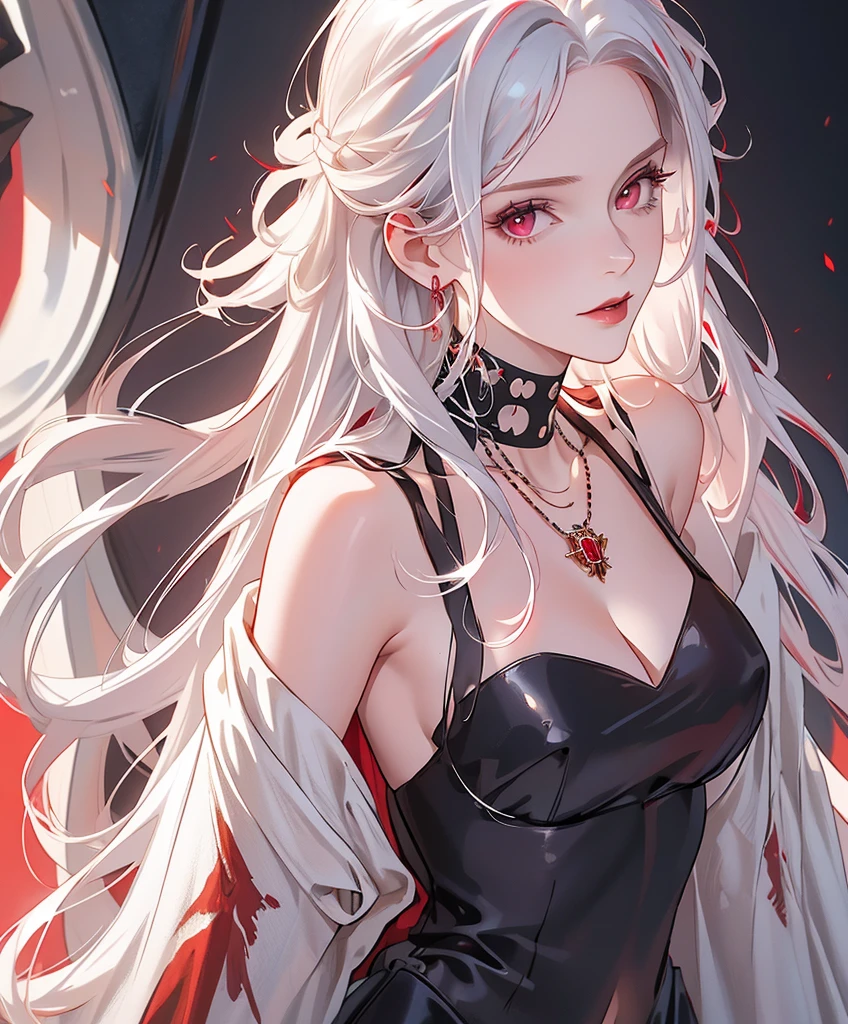 Realistic Portrait, Elegant mature woman (1 female), with deep red eyes, white hair, long hair, ruby amulet, focus on the face, close-up shot, cleavage, gothic black dress, portrait, one girl, white hair, red eyes, disqusted face front view, only upper body, up to waist, soft light, high detail, 4k resolution, high quality, beautiful CG