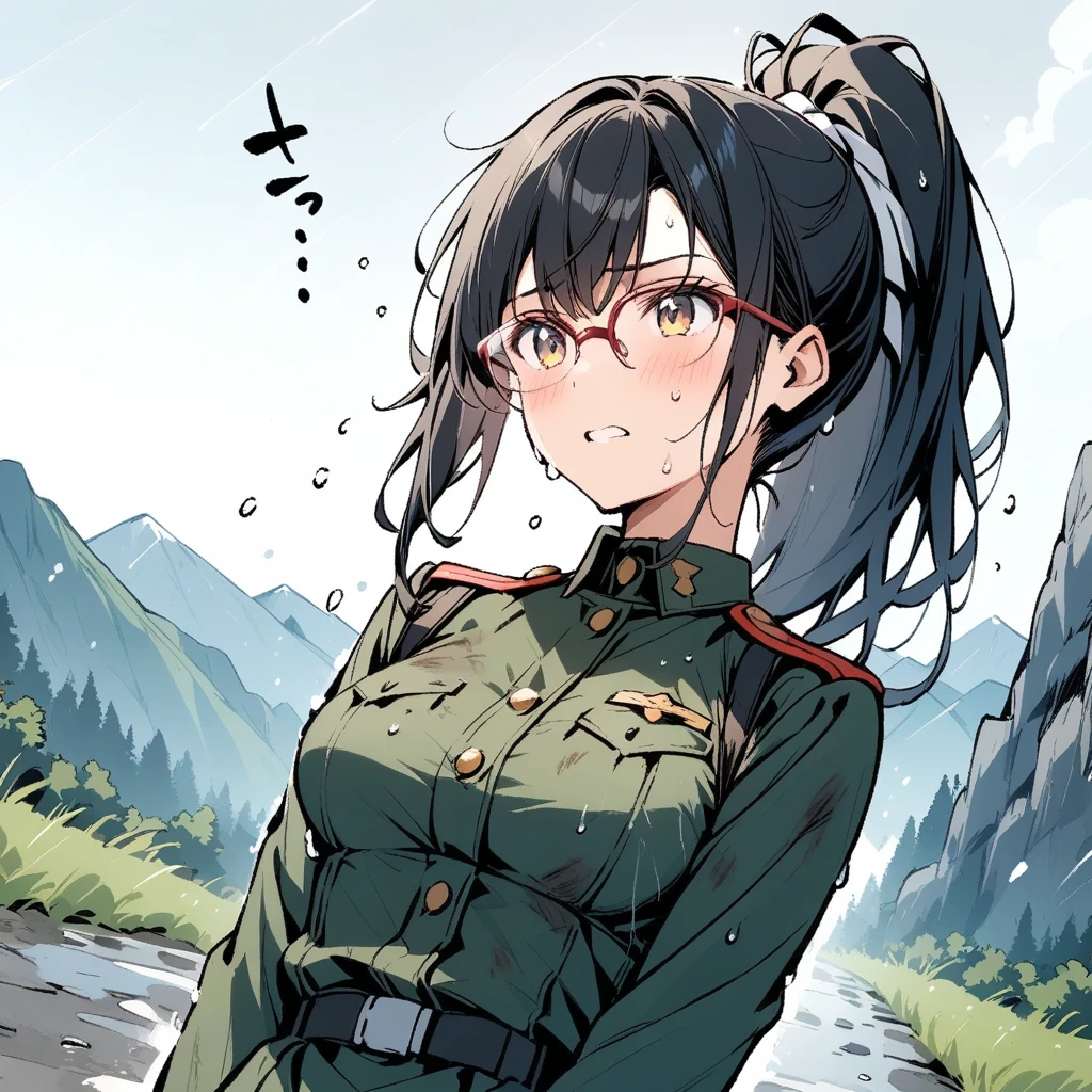 Black Hair, long hair, ponytail,Glasses,uniform,Dripping Sweat, Drenched ,Dirty clothes, tattered clothes,Rugged mountain path,Sudden rain, one girl, 