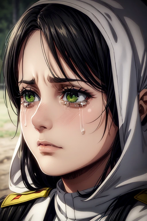  a 35-year-old woman ,  long black hair , green eyes, sad expression,  crying, tears on the face,  white military uniform, , Liberia ,  masterpiece ,  best quality, retina,  super detailed.